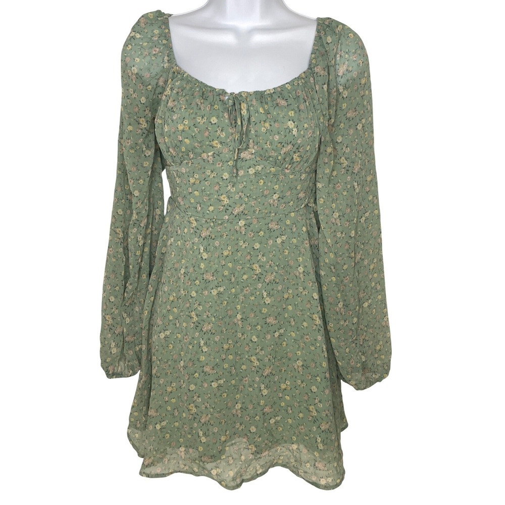 Women Mini Dress Floral Chiffon Long Sleeve S Green Cottagecore Prairie Milkmaid